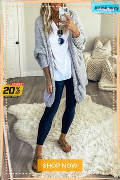 Casual Daily Solid Doll Sleeve Cardigan(5 Colors) Conrad Style, Look Legging, Stylish Petite, Loose Clothing, Cardigan Casual, Long Leggings, Bat Sleeve, Loose Outfit, Sleeve Cardigan