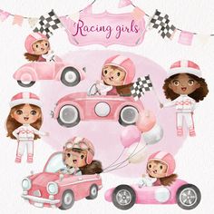 a pink car with two girls in it and some balloons on the front, one girl driving