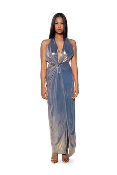 LIKE A GODDESS METALLIC MAXI DRESS Divine Energy, A Goddess, Dreamy Dress, Back Design, Strappy Heels, Open Back, Bridesmaid Dresses, Sleek, Maxi Dress