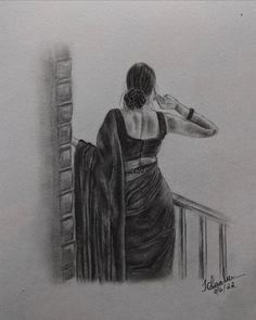 a pencil drawing of a woman in a dress looking out the window at the city