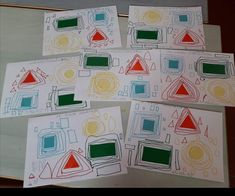 five different colored drawings on white paper with red, green and blue shapes in them