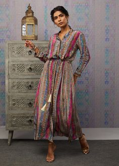 Soup By Sougat Paul-Multicolor Ikaya Embroidered Dress With Tie-Up-INDIASPOPUP.COM Paulmi And Harsh, Sougat Paul, Top With Palazzo, Multicolor Maxi Dress, Dress With Jacket, Maxi Dress Online, Multicolor Dress, Dress With Tie, Striped Maxi Dresses