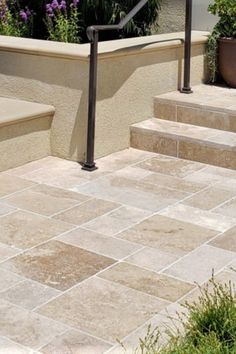 an outdoor area with steps and plants