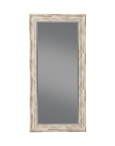 a white wooden frame mirror on a white wall with a light gray glass in the middle