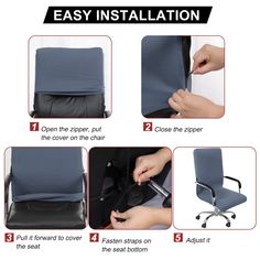 instructions on how to fold an office chair with the easy installation mechanism and seat cushion