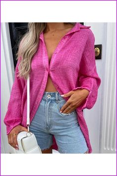 Fall Solid Ladies Long Sleeve Loose Blouse - Furdela Pink Solid Color Shirt For Spring, Pink V-neck Shirt For Vacation, Pink V-neck Vacation Shirt, Pink Summer Button-up Tops, Pink Button-up Summer Tops, Casual Pink Solid Color Blouse, Pink Long Sleeve Beach Shirt, Long Sleeve Pink Shirt For The Beach, Pink Button-up Beach Top