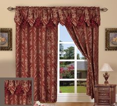 a living room scene with focus on the curtains and window curtain valance, which is decorated in red