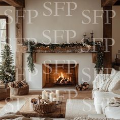 a living room filled with furniture and a fire place next to a fireplace covered in christmas decorations