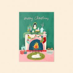 a merry christmas card with a fireplace and stockings on the mantle in front of it