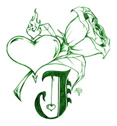 a drawing of the letter g with flowers and leaves on it's side, in green ink