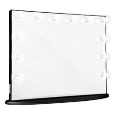 a large mirror with lights on top of it