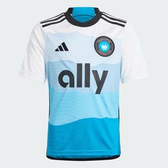 the adi jersey is shown in white and blue with black stripes on the chest,