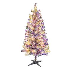 a multicolored christmas tree on a black stand with white and purple flowers in the center