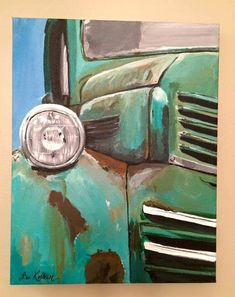 an old green truck painted on the side of a wall with text that reads, from etsycom visit