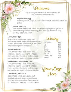 Customizable template to highlight your business and services Spa Business Plan, Beauty School Cosmetology, Esthetician Business Cards, Nail Salon Prices, Beauty Salon Marketing, Nail Room Ideas, Pedicure Station