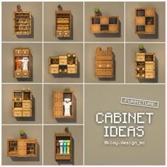 an assortment of furniture made out of wooden pallets and crates with the words cabinet ideas above them