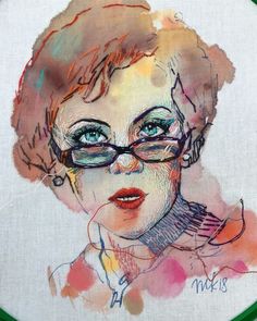 a drawing of a woman with glasses on her face