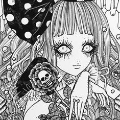 a black and white drawing of a girl holding a flower