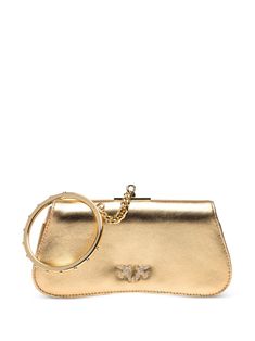 gold-tone sheepskin laminated finish signature Love Birds buckle chain-link detailing foldover top with magnetic fastening single metallic top handle main compartment internal logo patch gold-tone hardware contrast lining Formal Gold Bag With Gold-tone Logo Plaque, Luxury Gold Bags With Branded Hardware, Designer Gold Bag With Gold-tone Logo Plaque, Chic Gold Bag With Gold-tone Logo Plaque, Gold Luxe Bags With Chain Strap, Gold Bag With Metal Logo For Formal Occasions, Chic Gold Clutch With Metal Hardware, Luxury Gold Bag With Chain Strap, Gold Bags With Metal Logo For Formal Occasions