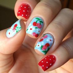 Cherries Nails, Cath Kidston Nails, Nails Cherry, Cherry Nail, Cherry Nail Art, Art Fruit, Cherry Nails