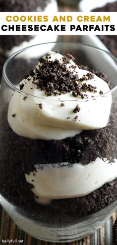 three desserts in glass dishes with white frosting and chocolate crumbs