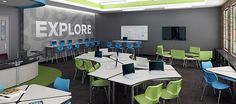 an empty classroom with desks and chairs