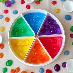 a plate with jelly beans in it on a table next to bowls and spoons