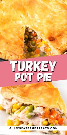 turkey pot pie is cut in half and served on a white plate with a pink border