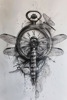 a drawing of a clock with dragonflies on it