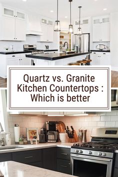 a kitchen with white cabinets and granite counter tops, which is better for the stove top