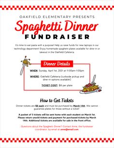 the flyer for spaghetti dinner fundraiser