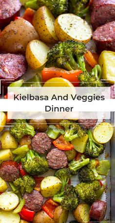 kielbasa and veggies dinner with potatoes, broccoli, and carrots