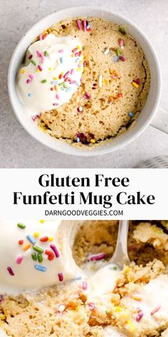 gluten free funfetti mug cake with white frosting and sprinkles