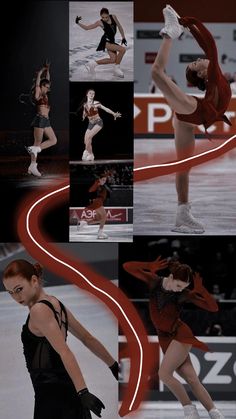 several different pictures of a woman performing on the ice