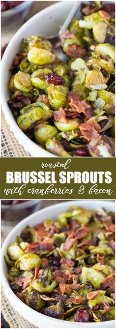 brussel sprouts with bacon in a white bowl