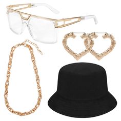 PRICES MAY VARY. 【Hip Hop Costume Set】Our hip hop costume kit package with 1 piece DJ rapper glasses, 1 Piece black bucket hat, 1 piece faux gold chain, 1 piece hip-hop heart shape earrings, funny costume set for your 80s, 90s dress up, you'll be eye-catching one in 80s or 90s theme parties. A smooth and shiny appearance attracts the attention of any occasion. Definitely fits the theme of birthdays, the 80s, 90s themed parties, festivals, Halloween party or other parties, makes you look attracti 90s Hip Hop Costume, Rapper Sunglasses, Outfits Punk, Nebula Necklace, Elf Jewelry, Heart Shape Earrings, Turquoise Jewelry Set, Hip Hop Costumes, Elf Ear Cuff