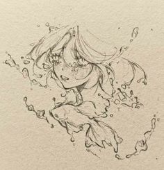 a drawing of a girl with her hair blowing in the wind and water splashing on her face