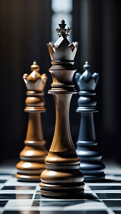 three chess pieces on a black and white checkerboard floor with sunlight coming through the window