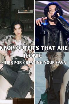 four different pictures with the words kpop outfits that are iconic tips for creating your own