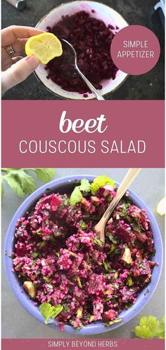 beet and couscous salad with lemon wedges