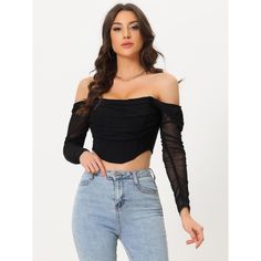 This attractive crop top features a mesh sheer long sleeve, the design of off-shoulder style, and a boned bustier. It is a must-have for any fashion-forward wardrobe. Styled with earrings, a necklace, a mini skirt, and high heels as your fashion look! Suitable for clubwear, daily, loungewear, party, school, work, office, winter, fall, summer, holiday, vocation, pub, bar, cocktail, night out, nightwear, dating. Shoulder Push Ups, Long Sleeve Corset, Sheer Crop Top, Music Festival Outfits, Music Festival Outfit, Sheer Long Sleeve, Corset Crop Top, Off Shoulder Fashion, Women Corset