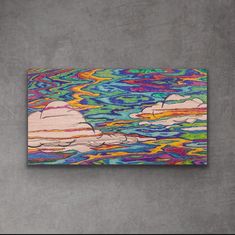 an abstract painting on the wall with clouds and water in it's colors,