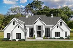 this is an artist's rendering of the front elevation of these modern farmhouse house plans