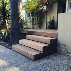 some wooden steps in front of a house with palm trees and plants on the side