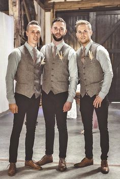 three men standing next to each other wearing ties and vests, with the caption pinterest