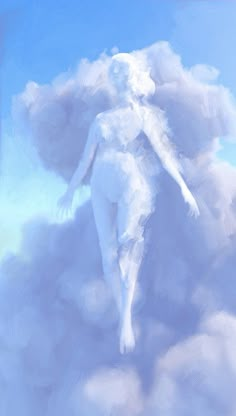 an artistic painting of a woman in the clouds