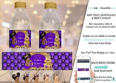 two water bottles with purple and gold designs on them, next to a cell phone