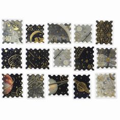 the stamps have different designs on them, including stars and planets in black and gold