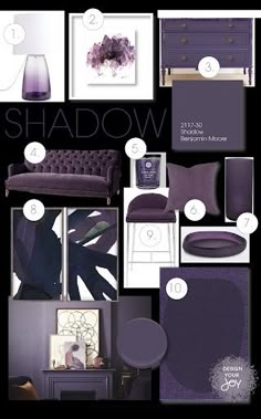 a collage of purple and black furniture with text that reads,'shadow '