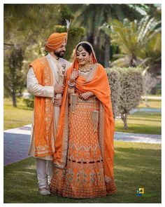 Orange Lehnga Bride Punjabi, Orange Sherwani For Groom, Couple Dress Outfits, Haldi Clothes, Poses 2023, Orange Colour Dress, Lehenga Color Combinations, Groom Colours, Clothing Fabric Patterns